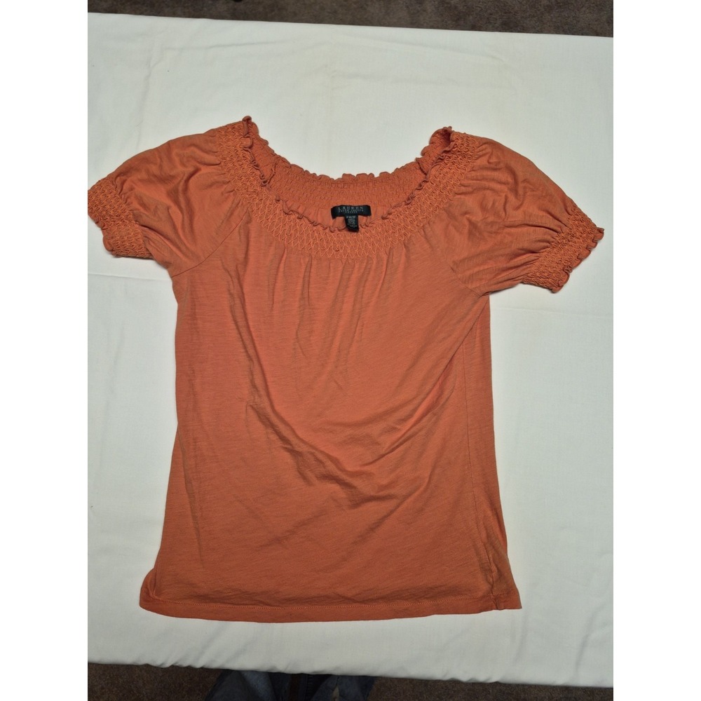 Lauren Ralph Lauren Petite Smocked Scoop Neck Cotton Blouse Terracotta Orange PM